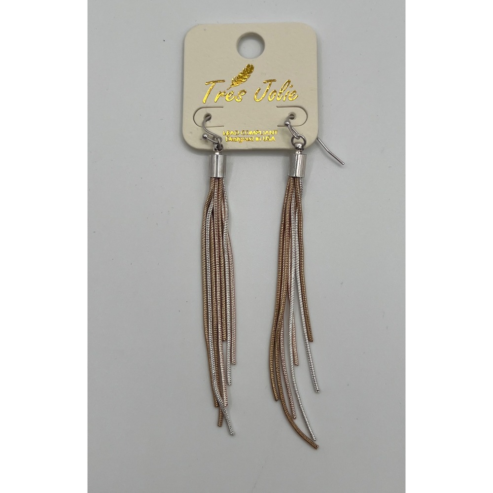 Tres Jolie Silver Rose Gold Two Tone Tassel Snake Chain Drop Earrings FE8227 SG